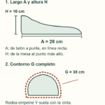 Vista lateral para medir largo A de 28 cm y altura H de 10 cm; vista transversal con cinta rodeando empeine y suela para el contorno G de 38 cm.