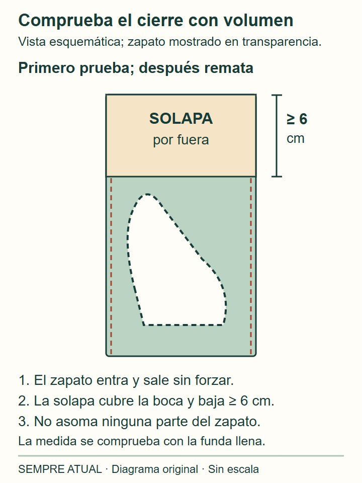Funda con el zapato representado en transparencia y solapa exterior que cubre la boca y baja por el frente al menos 6 cm, medidos con la funda llena.