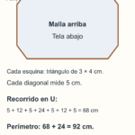 Contorno de costura de 30 por 20 cm con cuatro esquinas recortadas como triángulos de 3 por 4 cm; cada diagonal mide 5 cm. La espalda recta mide 24 cm y el recorrido restante en U suma 68 cm.