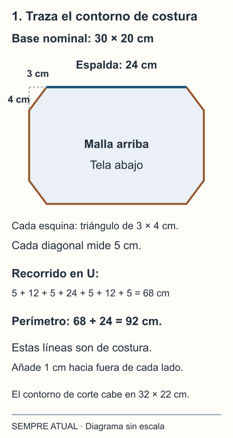 Contorno de costura de 30 por 20 cm con cuatro esquinas recortadas como triángulos de 3 por 4 cm; cada diagonal mide 5 cm. La espalda recta mide 24 cm y el recorrido restante en U suma 68 cm.