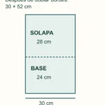 Corte de 34 por 56 cm y pieza terminada de 30 por 52 cm, dividida en solapa de 28 cm y base de 24 cm.