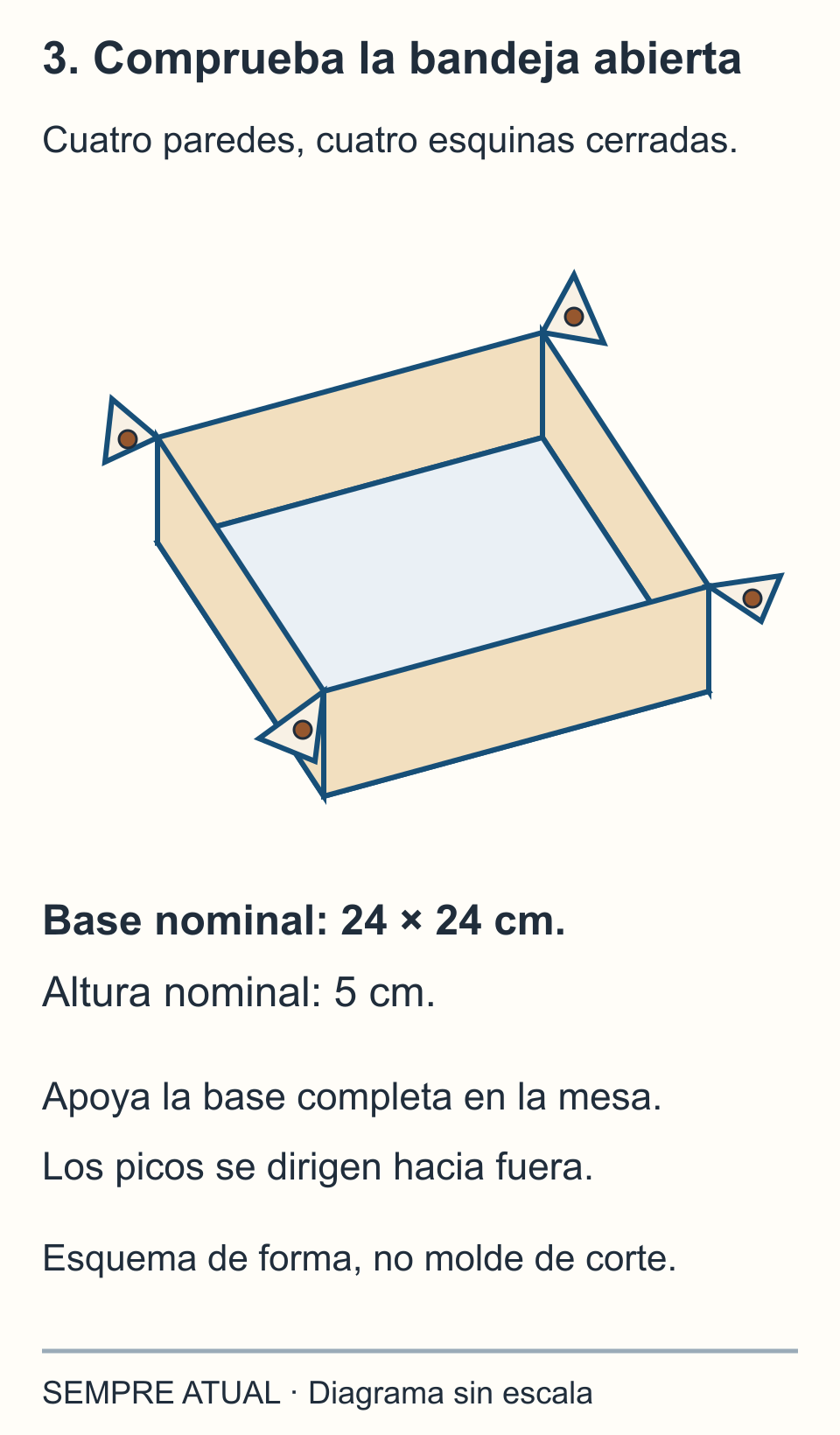 Esquema de la bandeja formada: base de 24 por 24 cm, paredes de 5 cm y cuatro picos exteriores con sus broches cerrados.