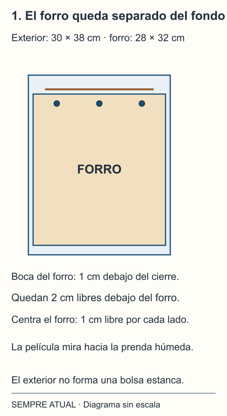 Forro de 28 por 32 cm centrado dentro de un exterior de 30 por 38 cm; su boca está 1 cm debajo del cierre situado a 3 cm del borde superior y quedan 2 cm libres bajo el forro.