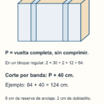 Dos bandas paralelas rodean una pila; cada recorrido P se mide sin comprimir. Para ancho 30 y altura 12 cm el recorrido nominal es 84 cm y el corte P más 40 resulta en 124 cm.
