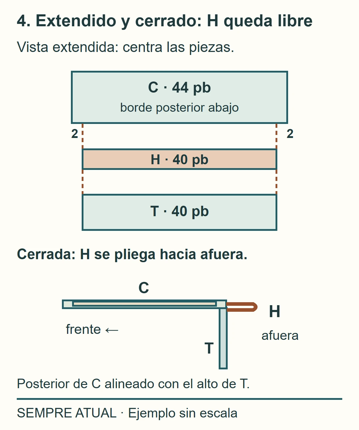 Tapa de 44 puntos con 40 centrales unidos a H y 2 libres por lado; H se une al borde superior de la trasera.