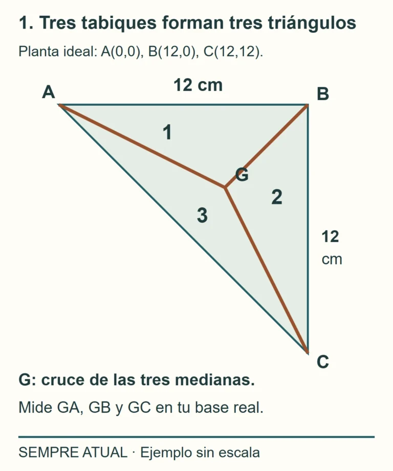 Base con vértices A,B,C y centro G. Tres radios separan tres compartimentos triangulares; el ejemplo tiene lados rectos de 12 cm.